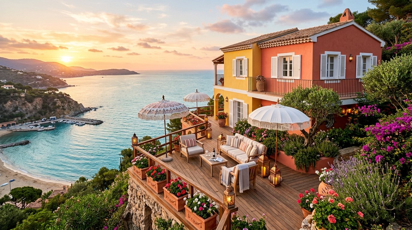 A terrace above the sea at sunset