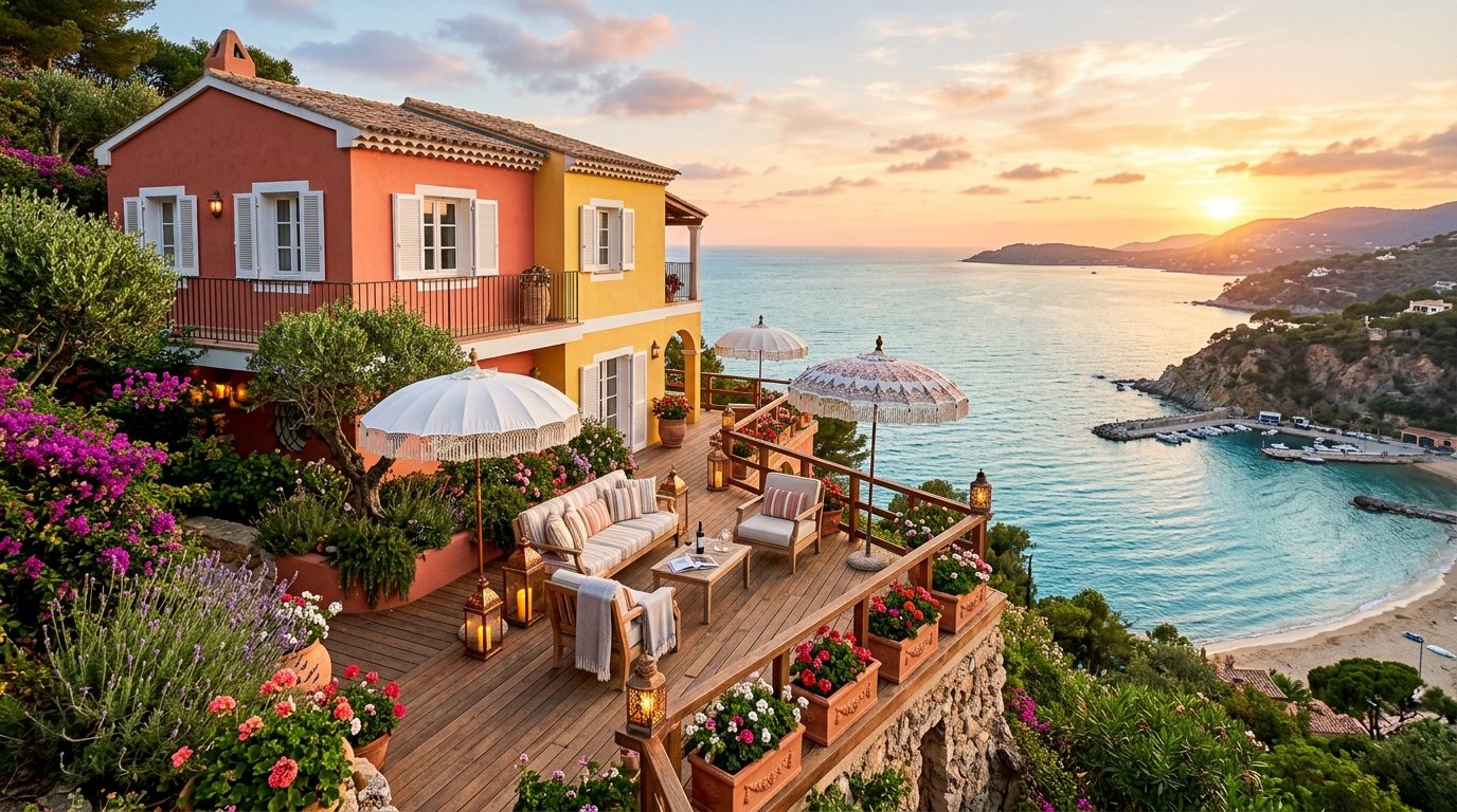 A coastal chalet terrace at sunset