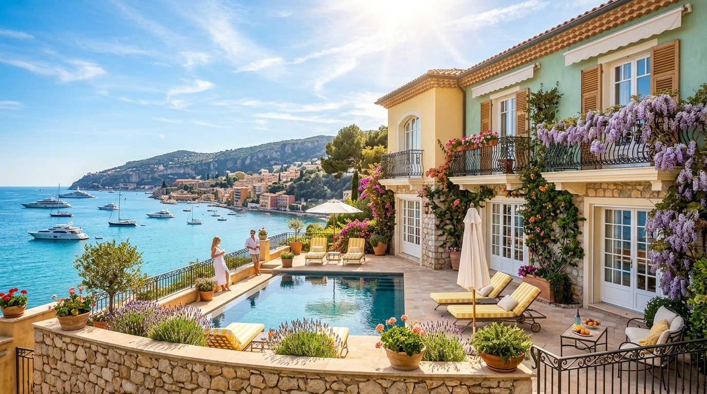 A seaside chalet with a pool on the riviera