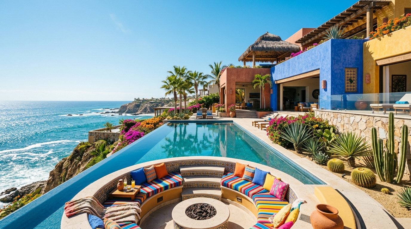 A hacienda villa with a sunken lounge by the pool