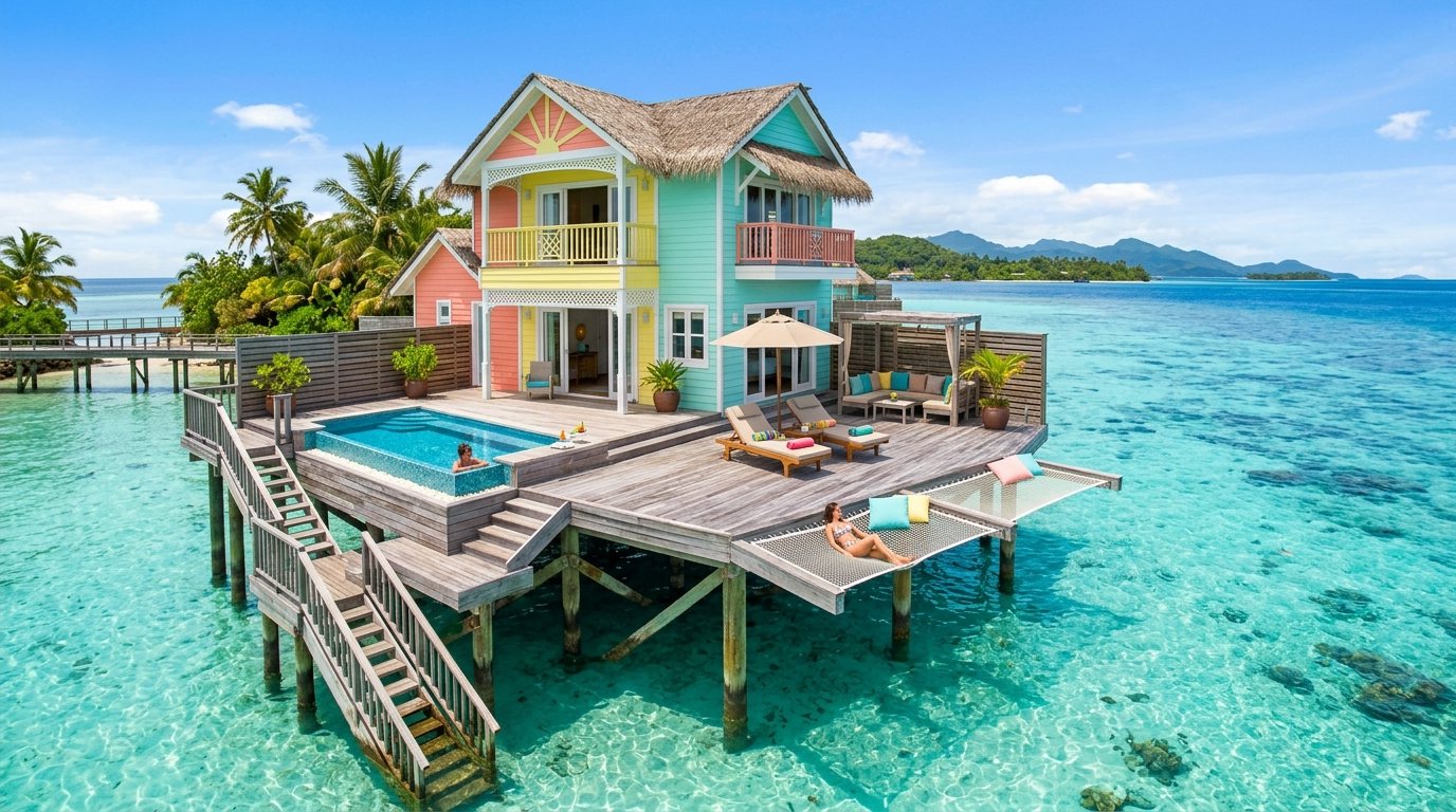 An overwater chalet above the clear lagoon