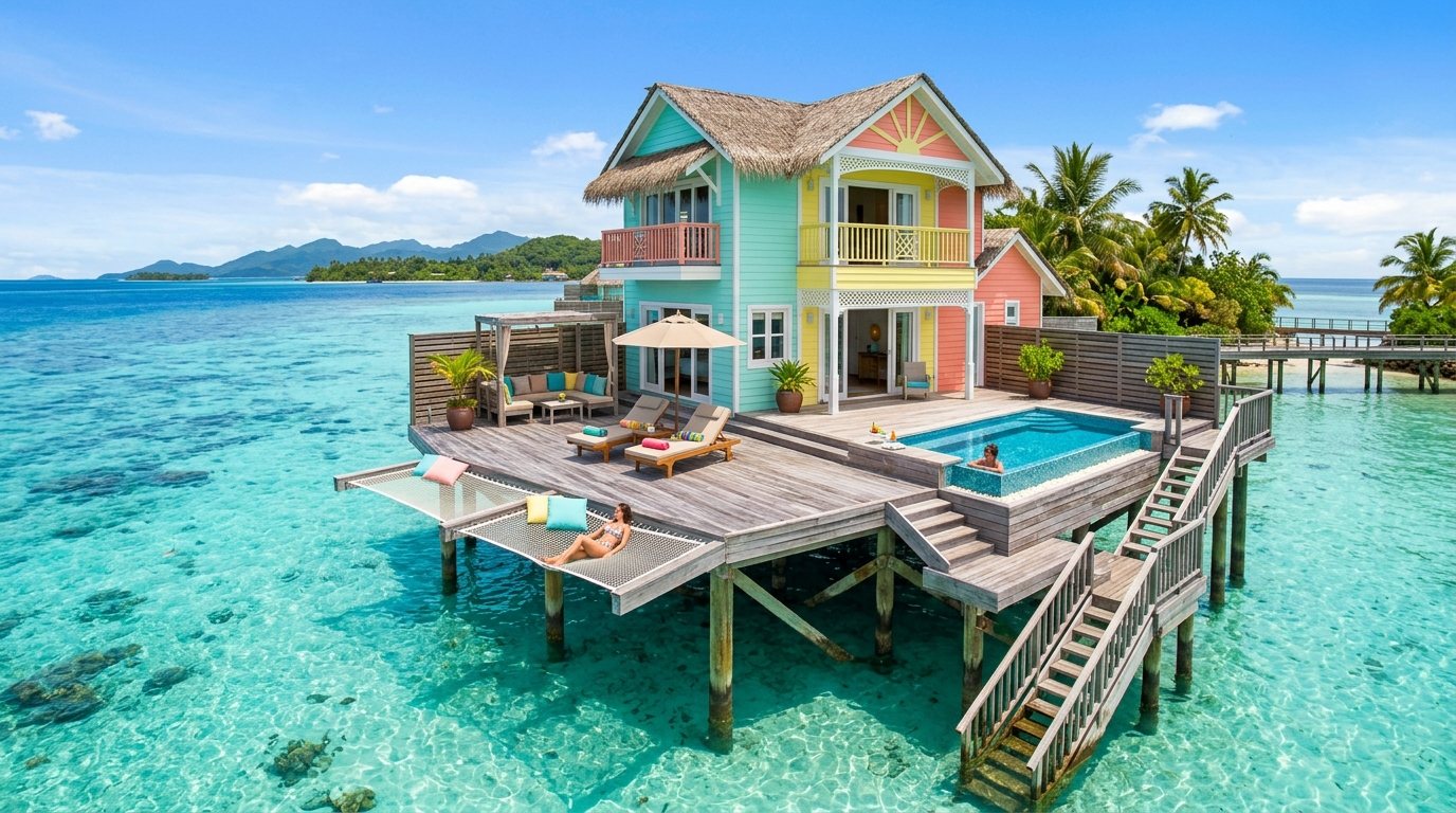 An overwater chalet above the turquoise lagoon