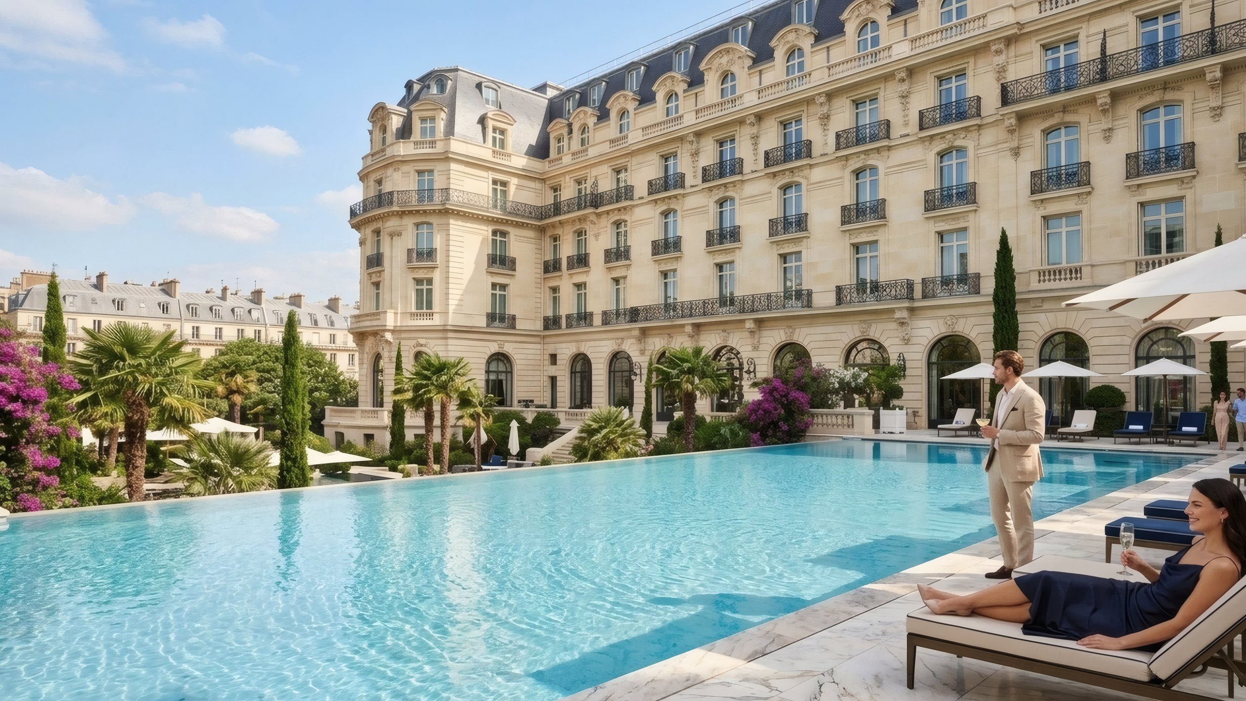 A grand hotel pool in the evening light