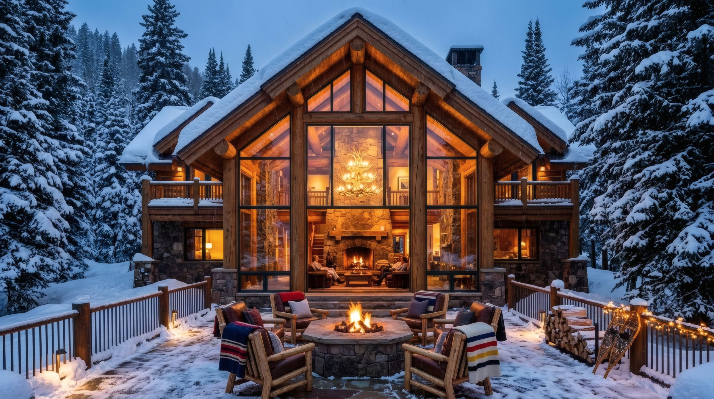 A timber chalet lit up in the snow