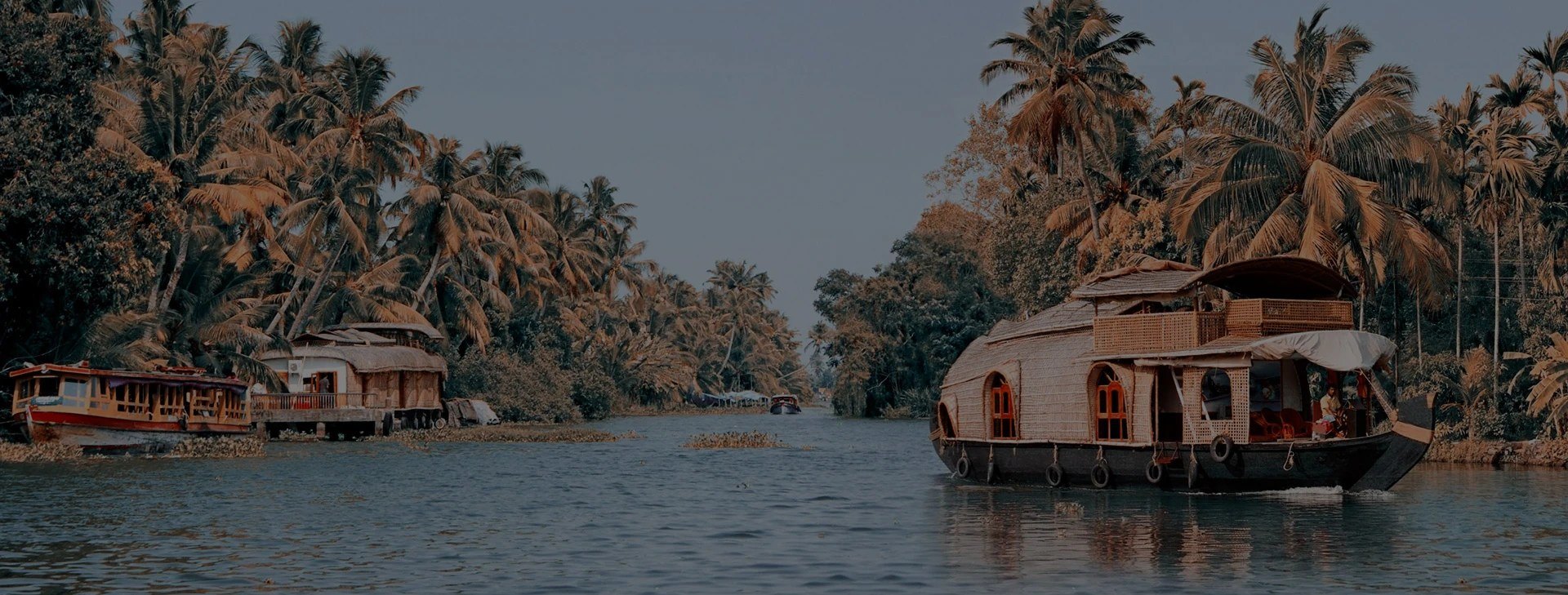 A houseboat moored among the palms of the Kerala backwaters at dusk