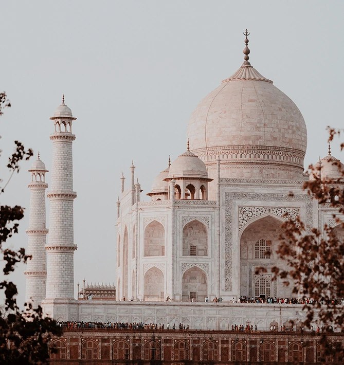 The Taj Mahal seen across its garden pools
