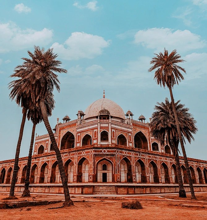 Humayun's Tomb framed by palm trees