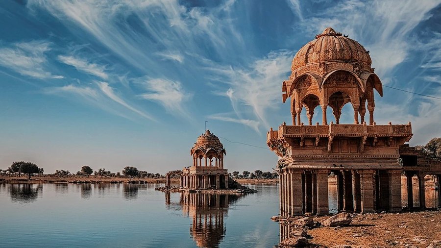 Carved pavilions standing in Gadisar Lake at Jaisalmer
