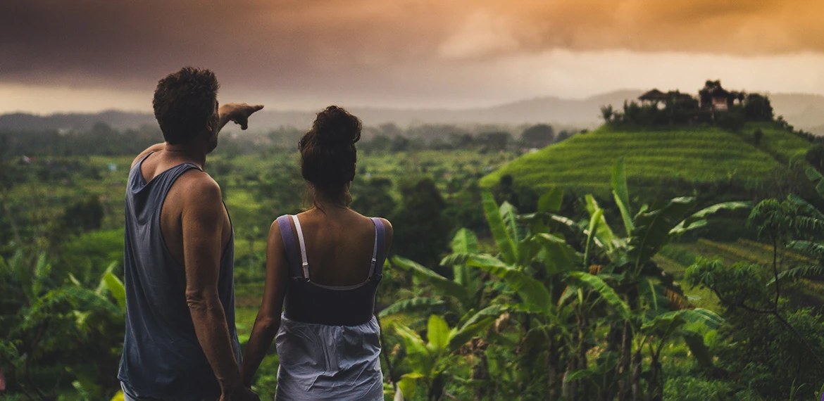 Two guests above the rice fields at dusk
