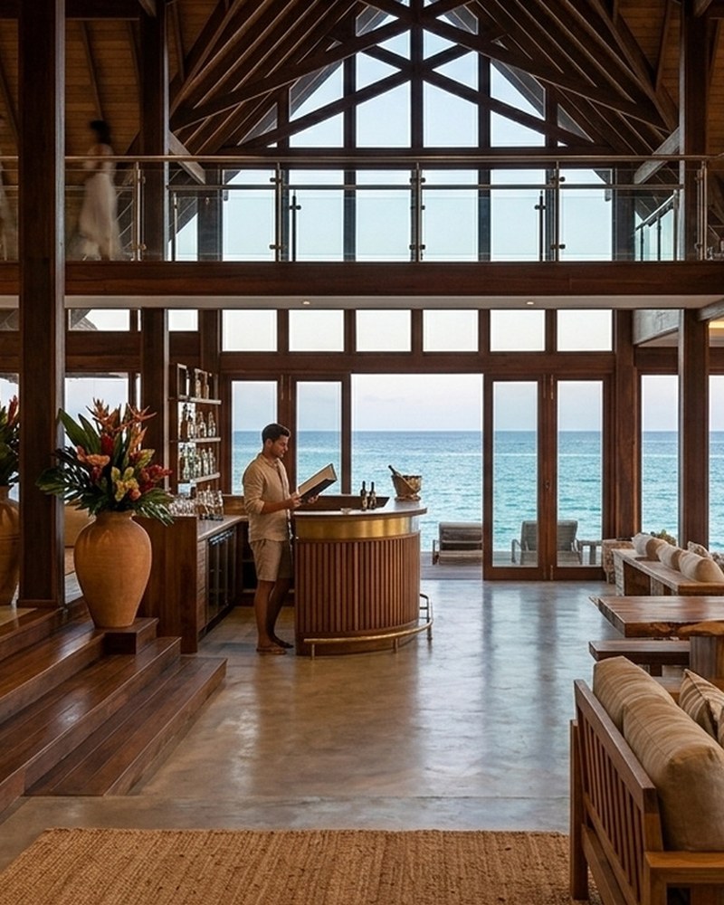 Shaded breakfast terrace overlooking the bay