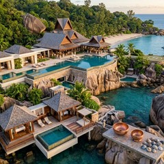 Villas between the granite boulders at Anse Takamaka
