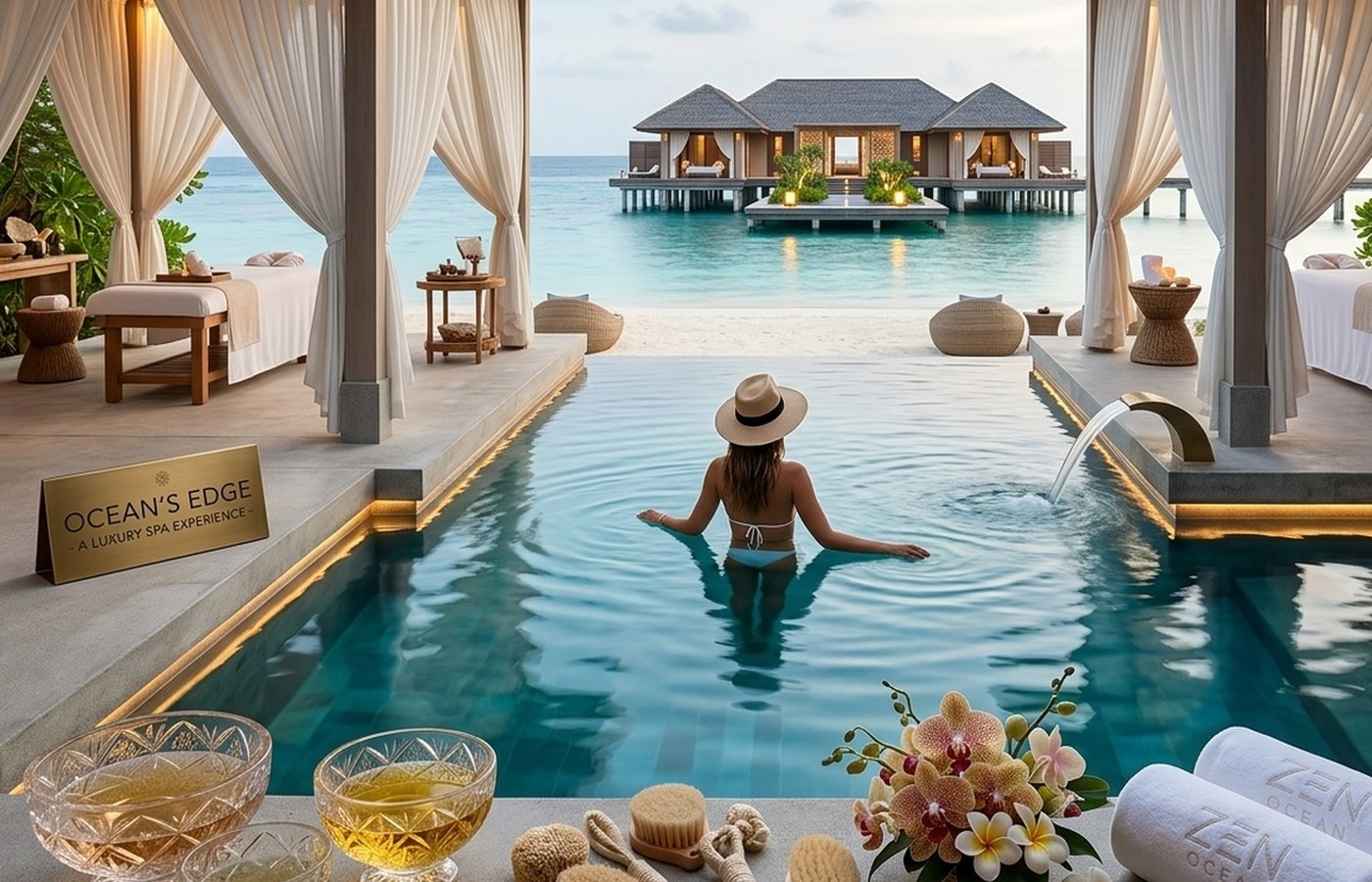 The Cliffside Suite bedroom at dusk