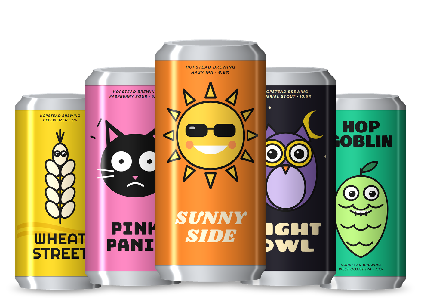 Five Hopstead cans: Wheat Street, Pink Panic, Sunny Side, Night Owl and Hop Goblin