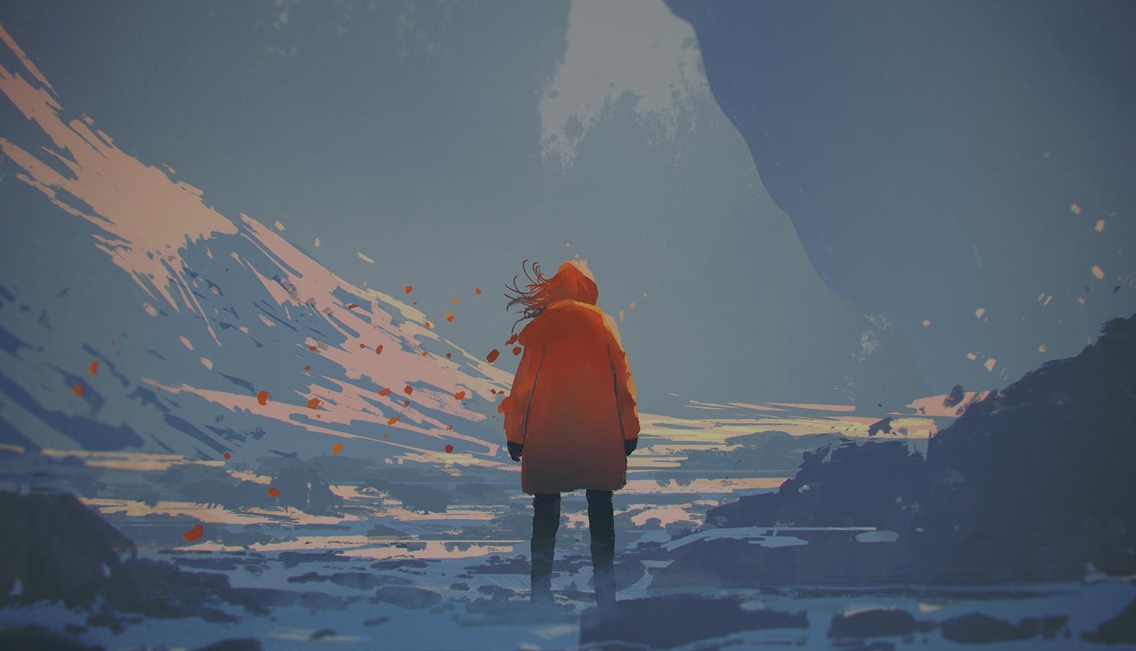 The Wanderer, Frostbound key art: a traveller in a red coat on a snowy pass