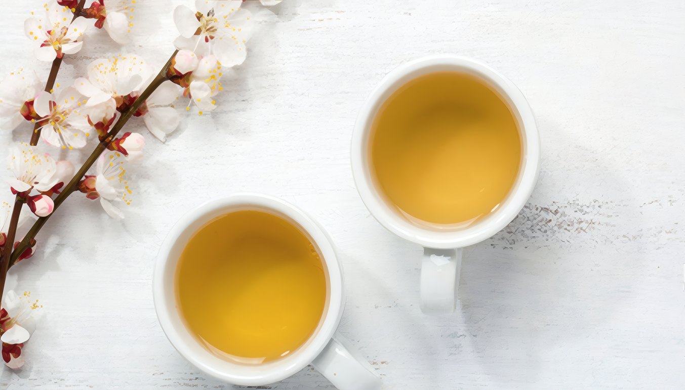 Two cups of golden tea under a branch of blossom