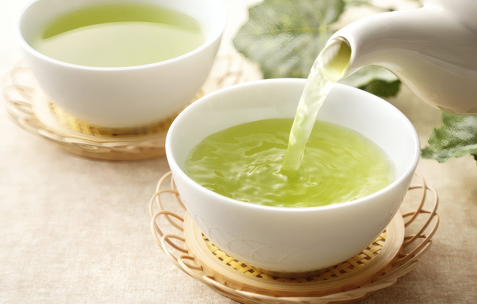 Green tea poured from a white pot into a cup