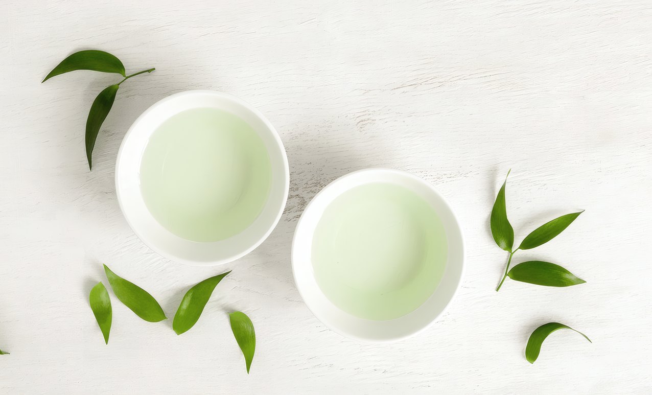 Two bowls of green tea with fresh leaves