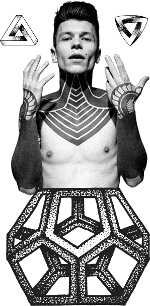 A tattooed figure in blackwork, a dotwork dodecahedron at its feet