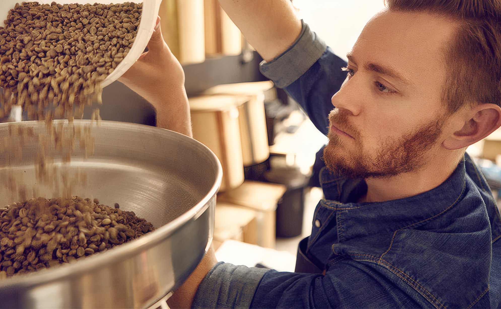 Freshly roasted beans tipped into the cooling tray