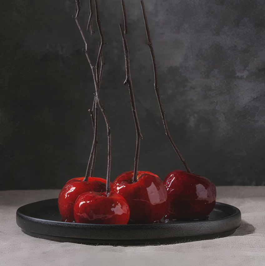 Candied red apples on a dark plate