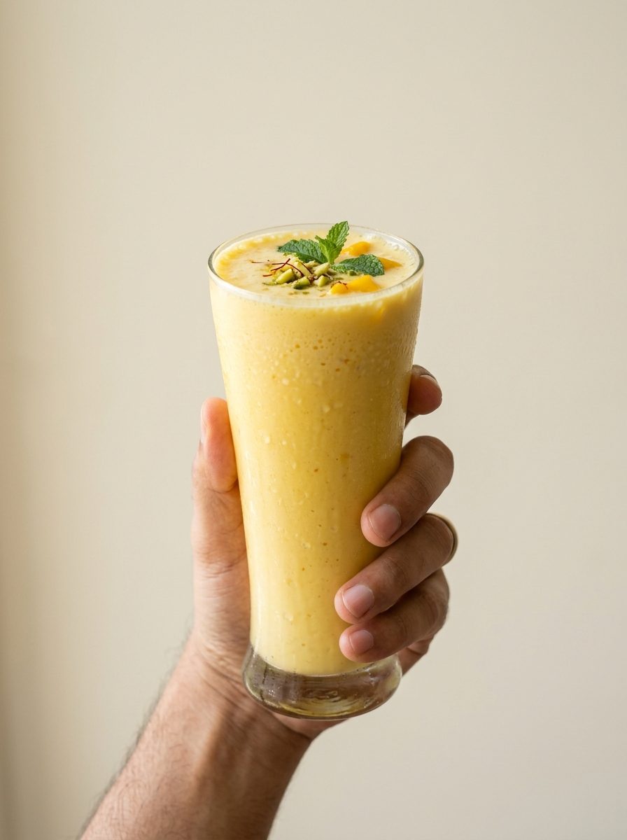 A hand raising a fresh mango lassi