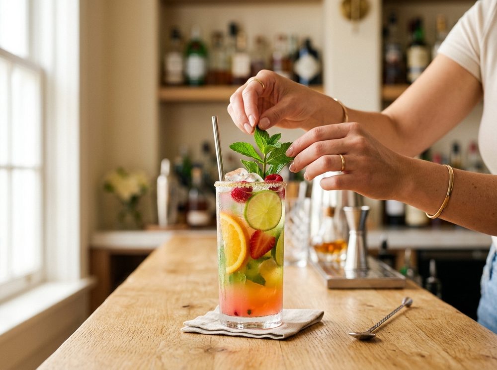 Hands garnishing a mocktail