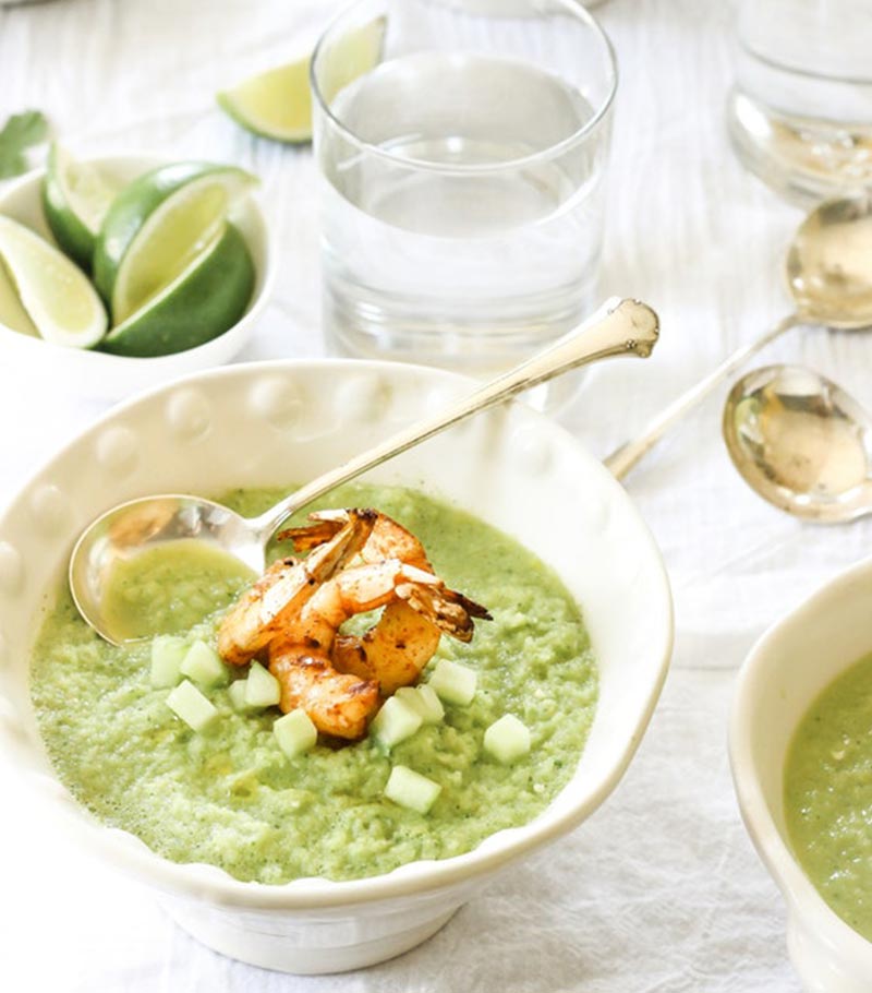 Chilled pea soup with a prawn and lime