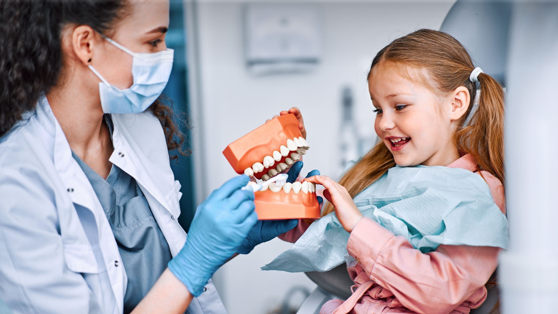 A dentist showing a girl a model of the teeth
