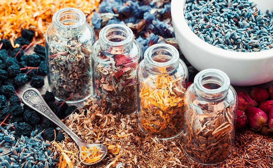 Dried herbs in jars in the Nutrela kitchen