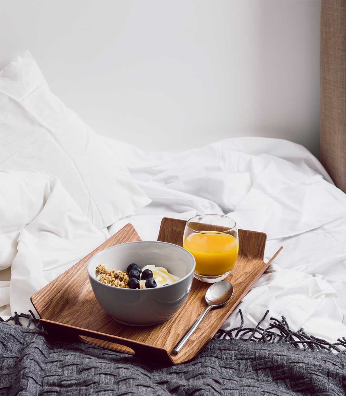 A breakfast tray with fresh fruit