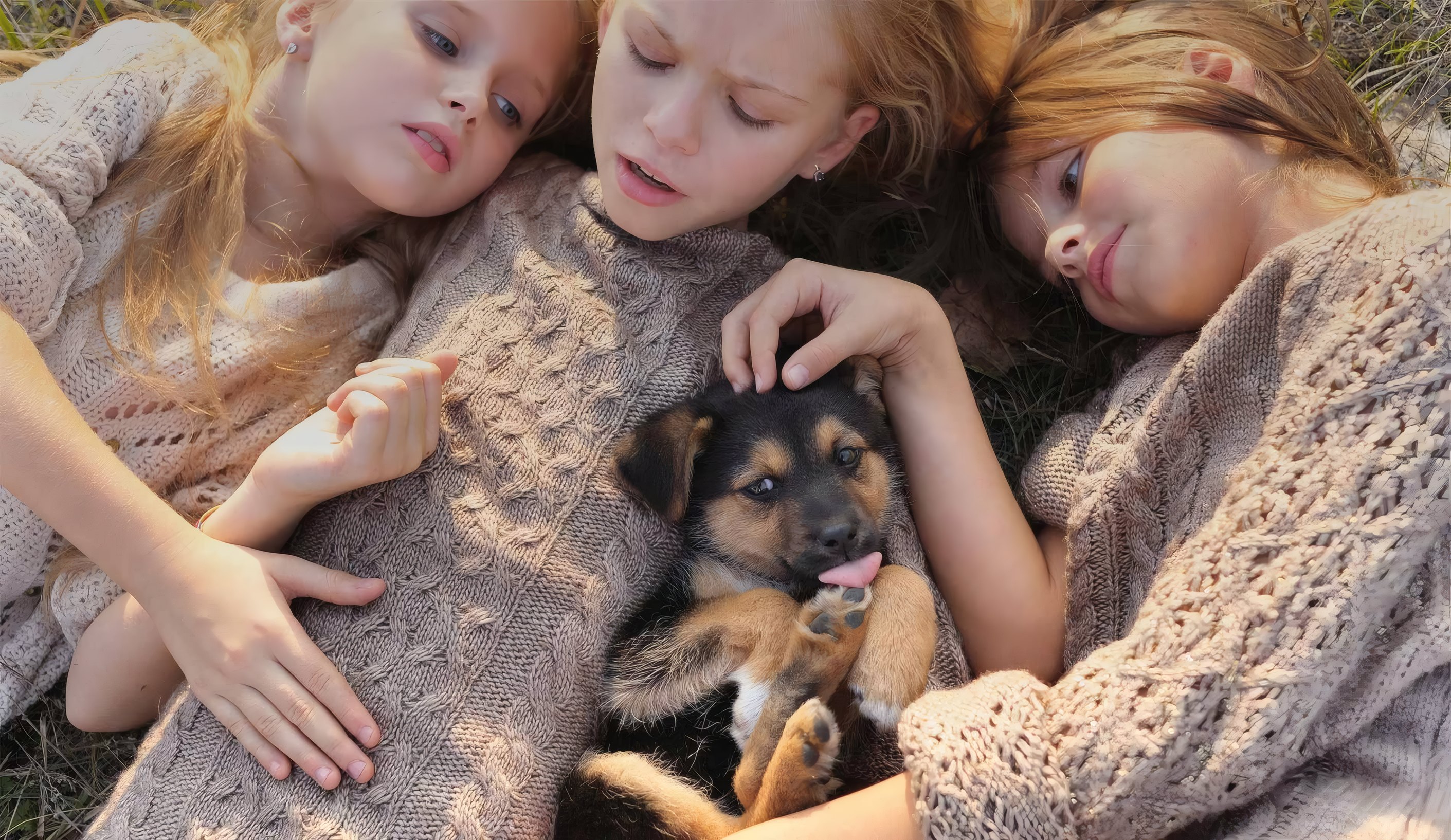 Three children in chunky knits lying in the grass with a puppy