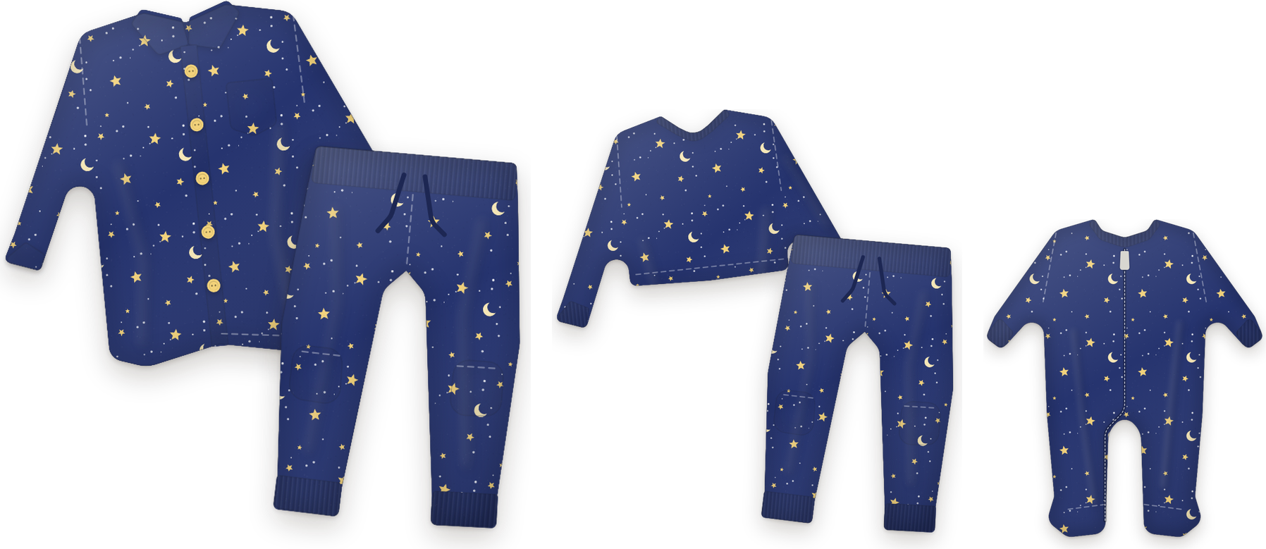 The Night Sky set: grown-up, child and baby pieces