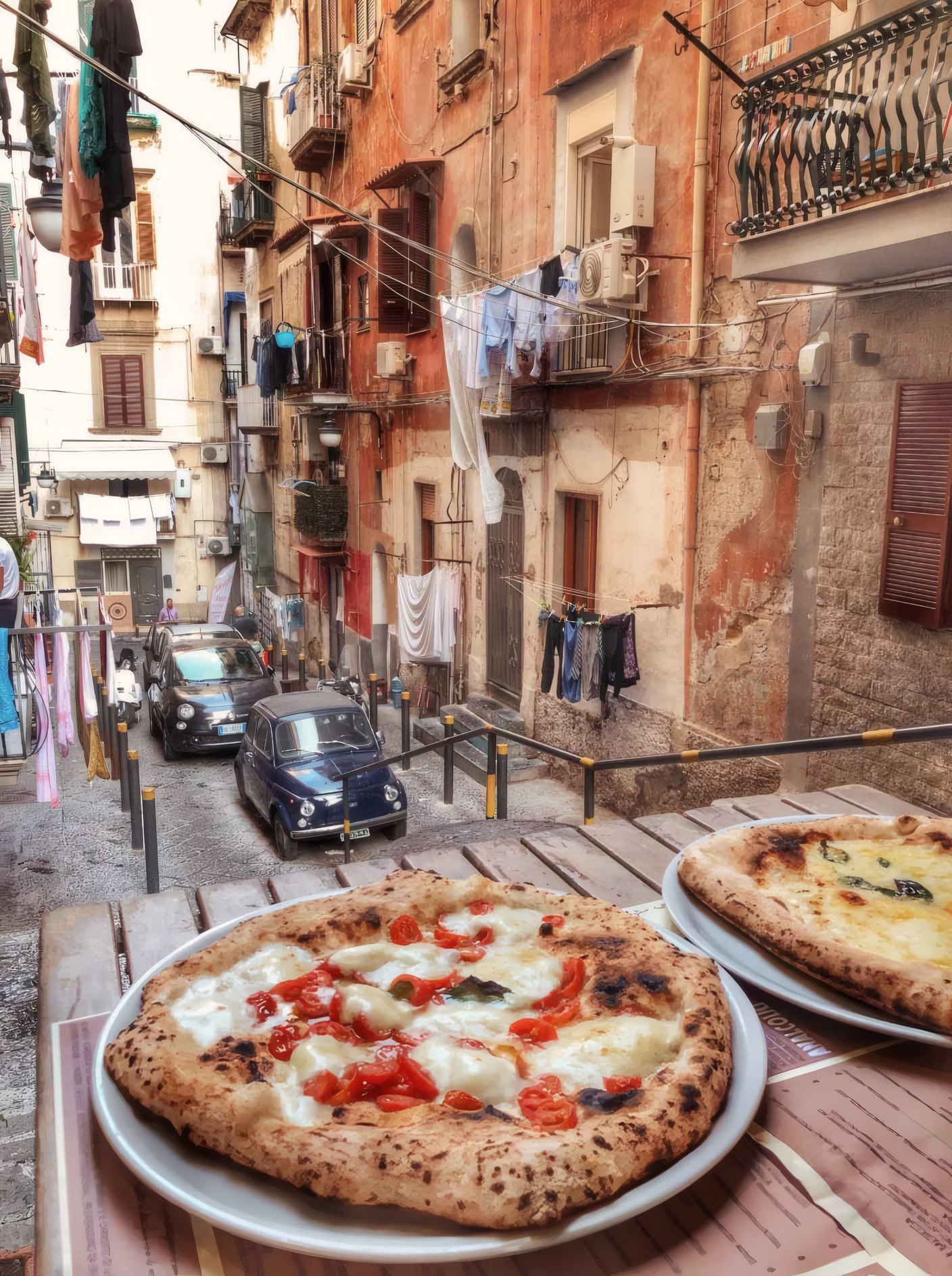 Two pizzas on a table in a narrow old street