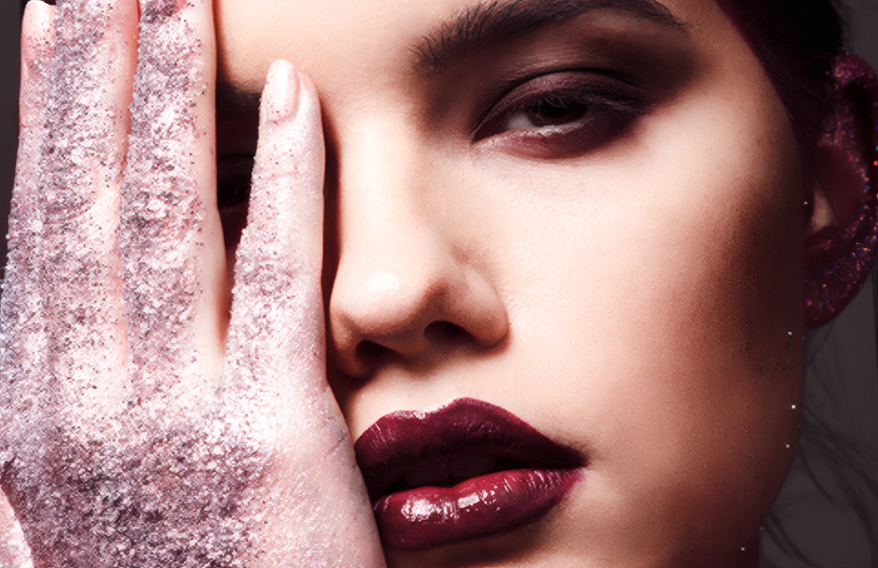 A glittered hand and dark lips for Maison Ardent