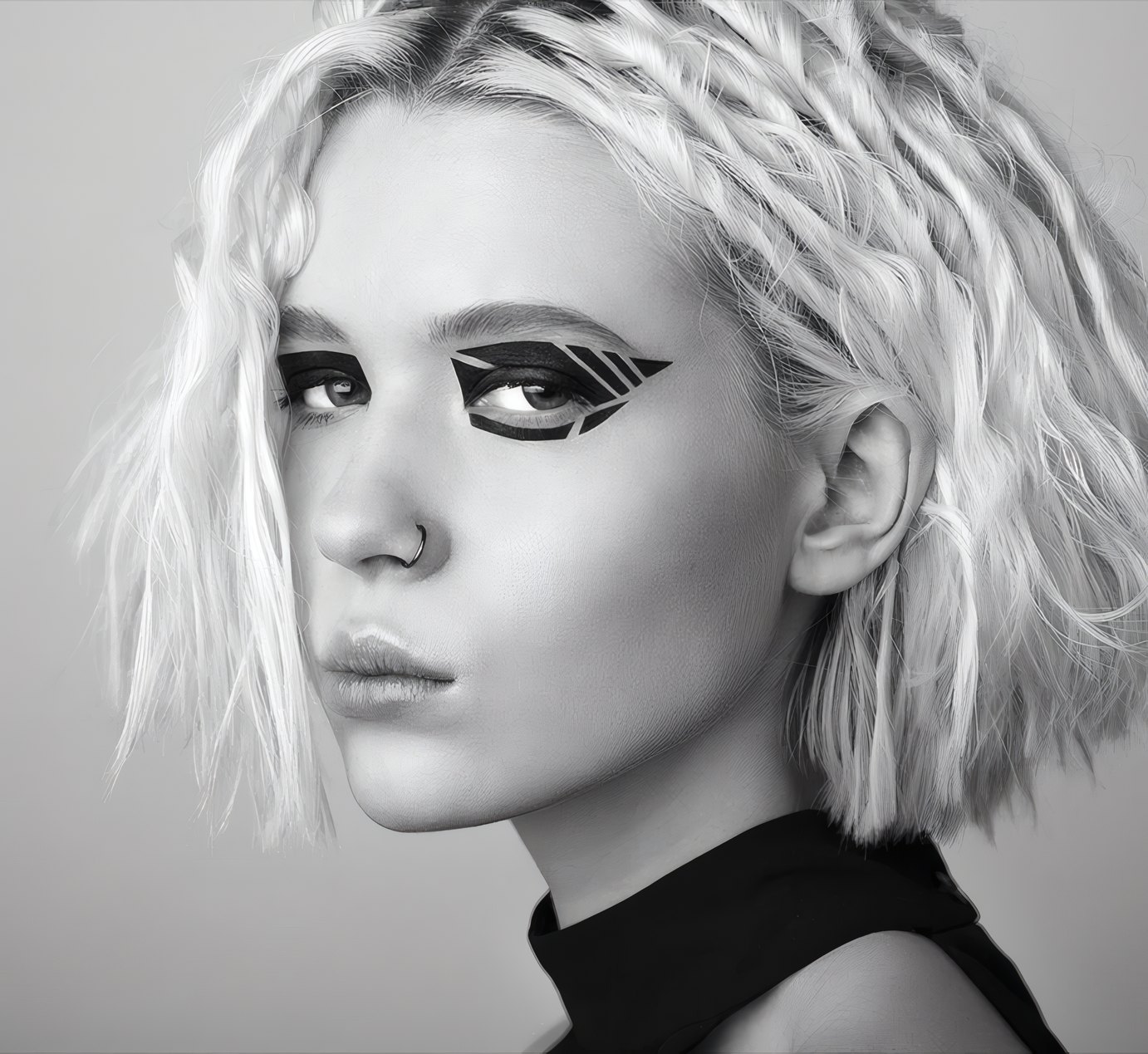 Graphic liner on a blonde model, retouched