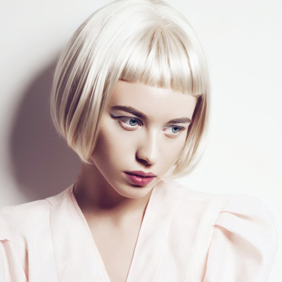 A final frame: a pale bob on white