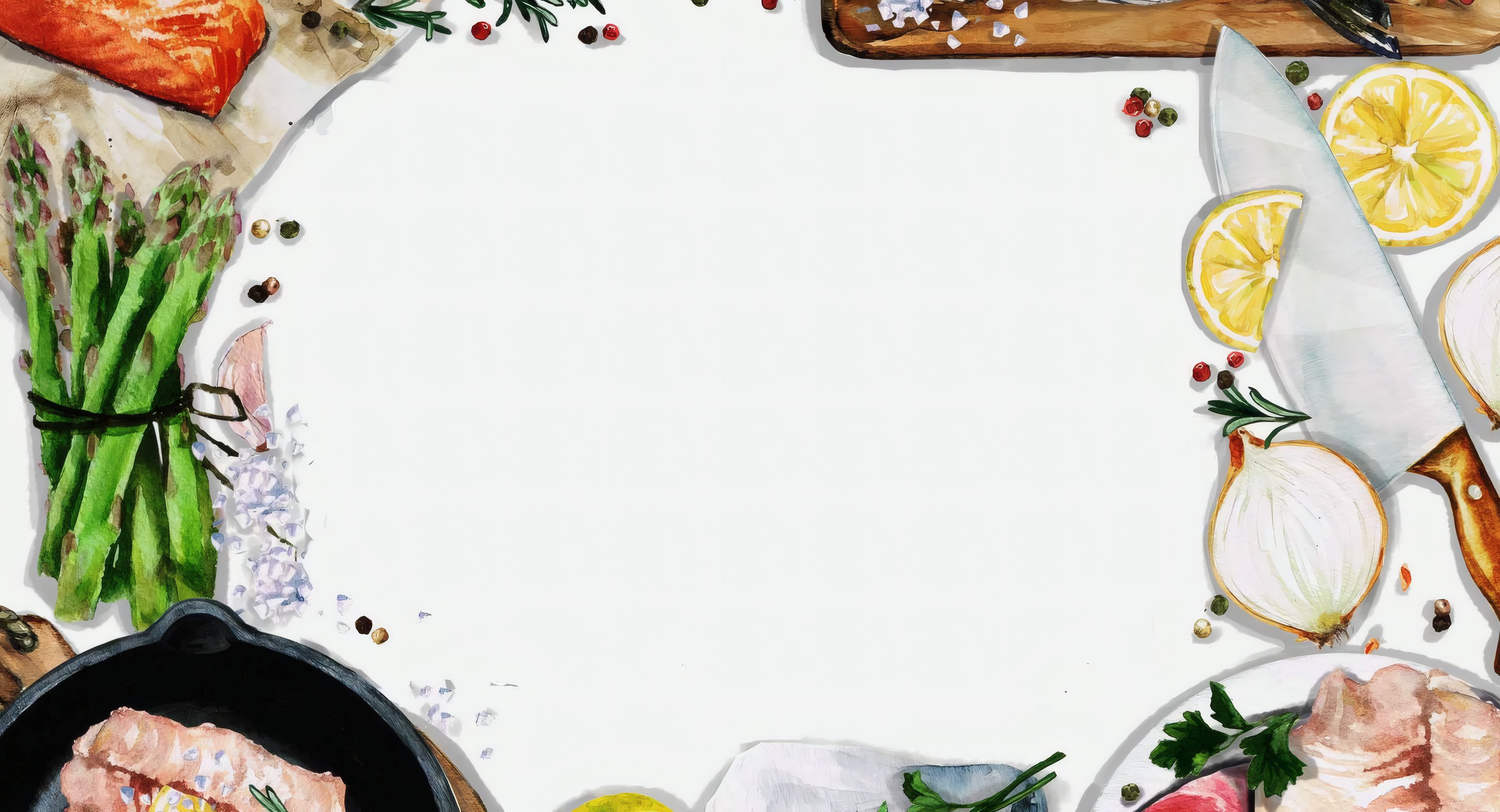 Asparagus, lemons, onions and a skillet round an empty board