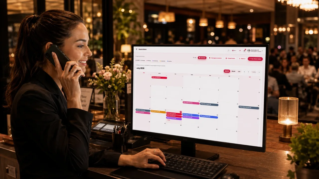 A host taking a booking by phone with the reservations calendar open