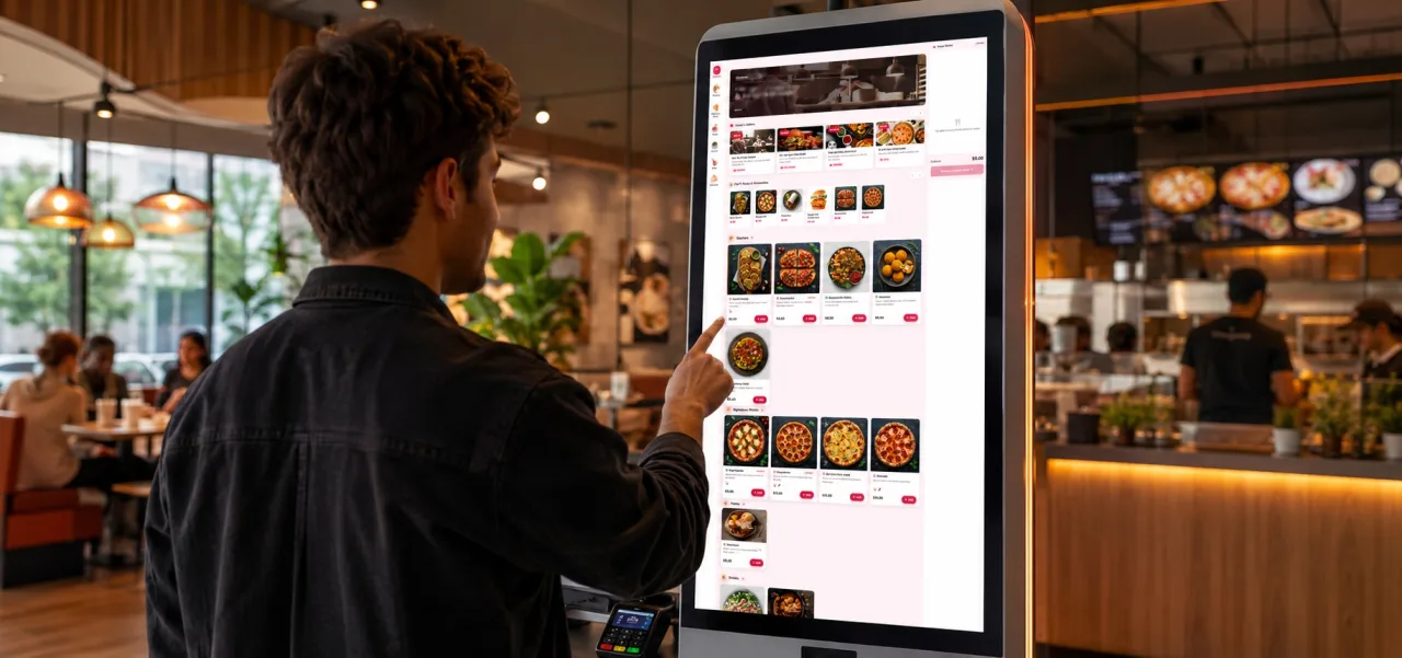 A guest ordering at a self-service kiosk, card reader below the screen