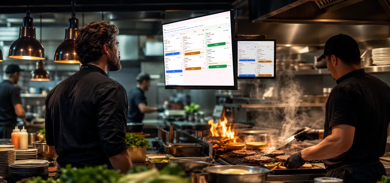 Two kitchen screens over the pass, tickets in view while the line works
