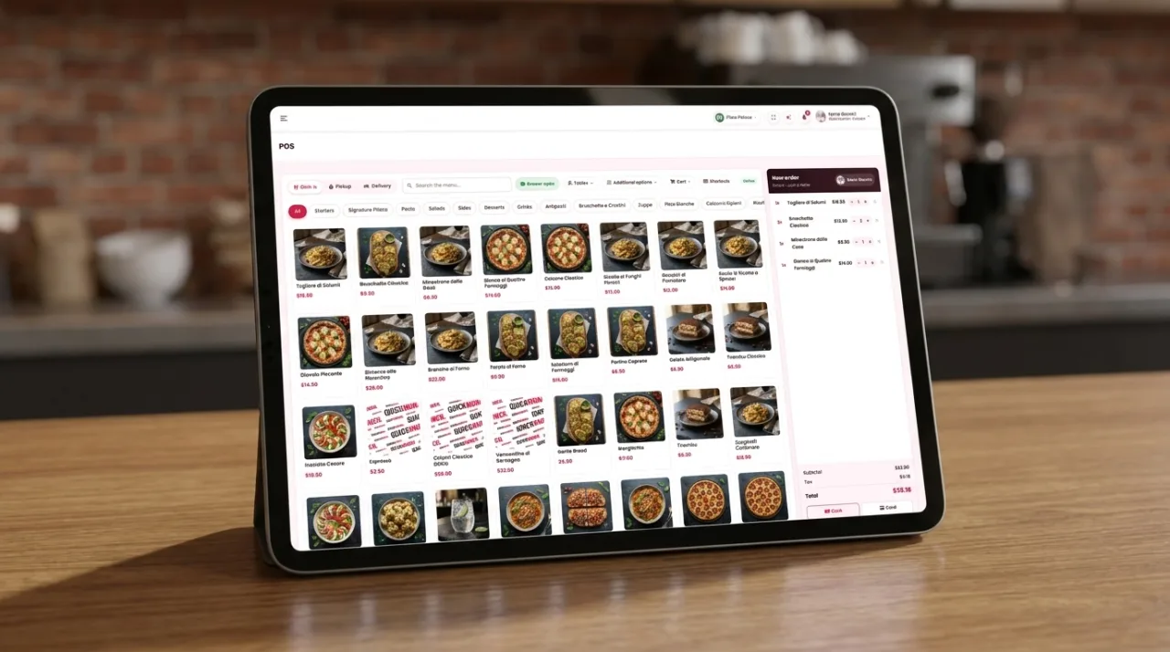 The till on a tablet: menu grid, open order and running total
