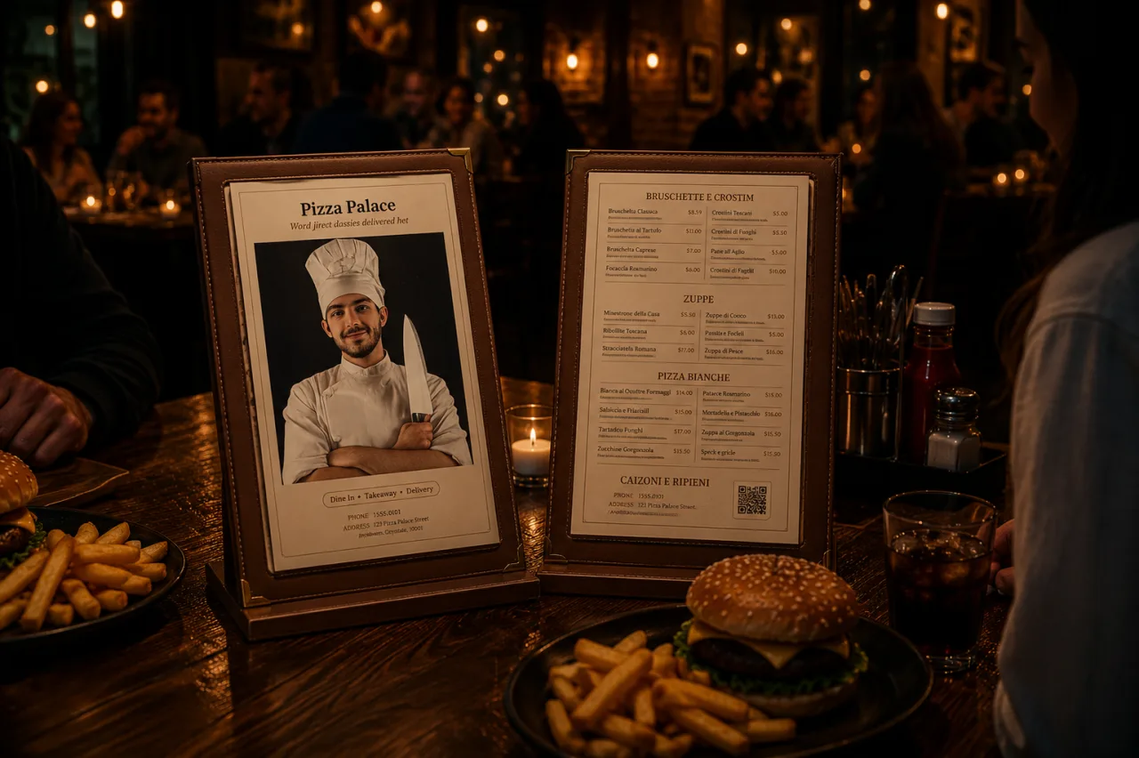 A printed table menu carrying the restaurant's own dishes, prices and code