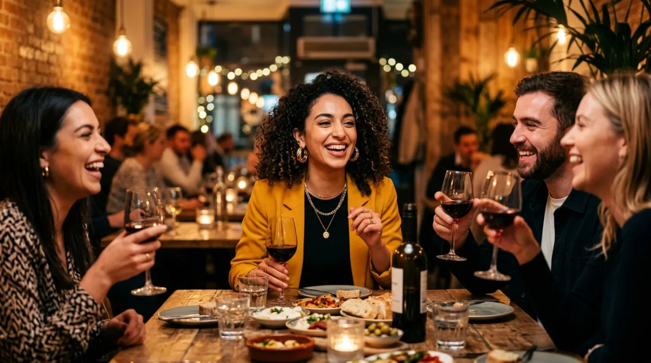 Friends laughing over shared plates and wine at the end of a meal