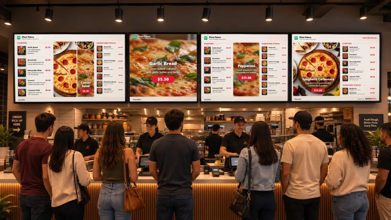 Four menu boards above the counter, priced from the live menu