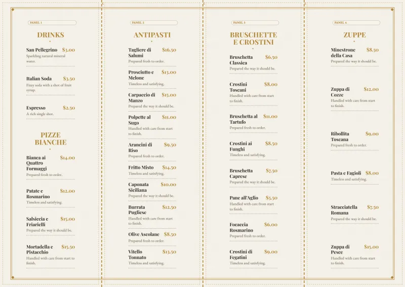 Fine-dining gatefold carte, back of the spread