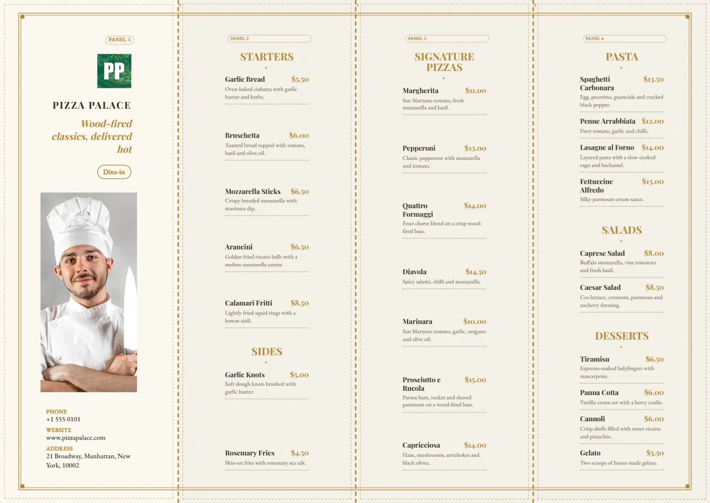 Fine-dining gatefold carte, front of the full A4 spread