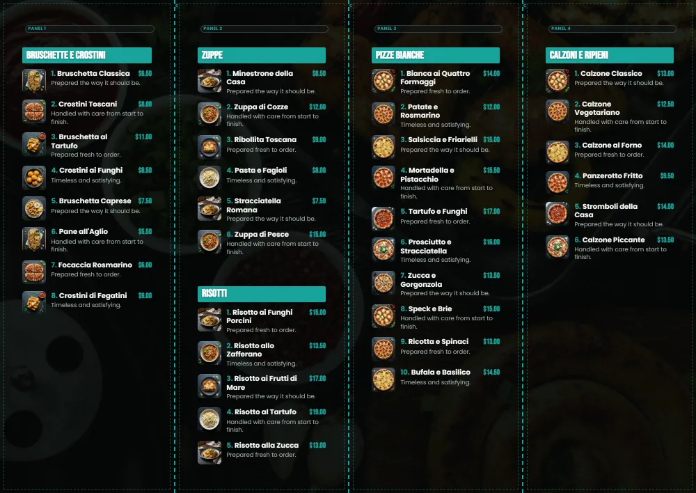 Street-food spread, QR-forward back, with print guides