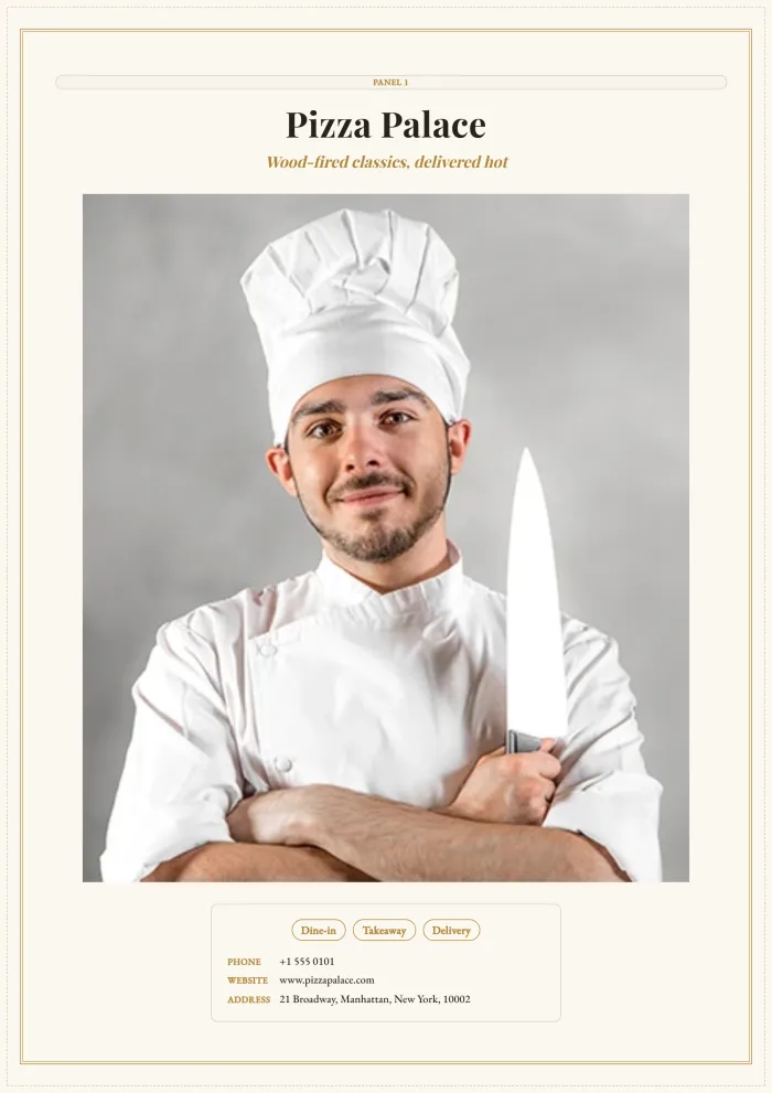 Fine-dining tri-fold, portrait front
