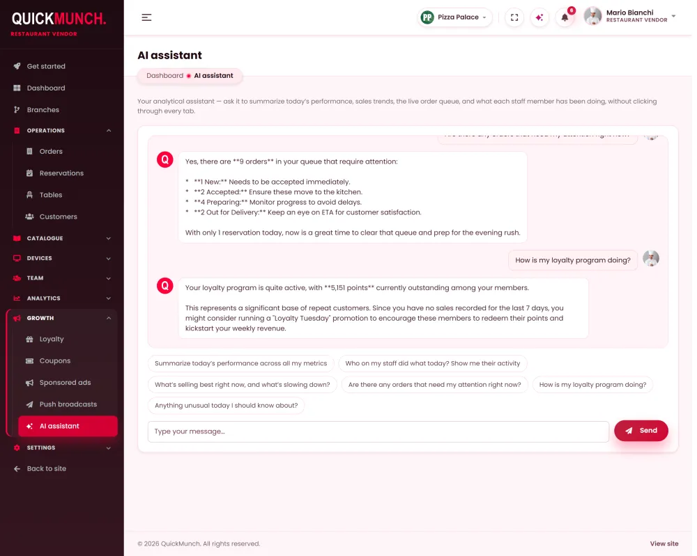 The assistant on the restaurant dashboard, with its starter prompts