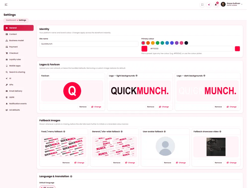 The branding settings: the restaurant's logo, colours and name